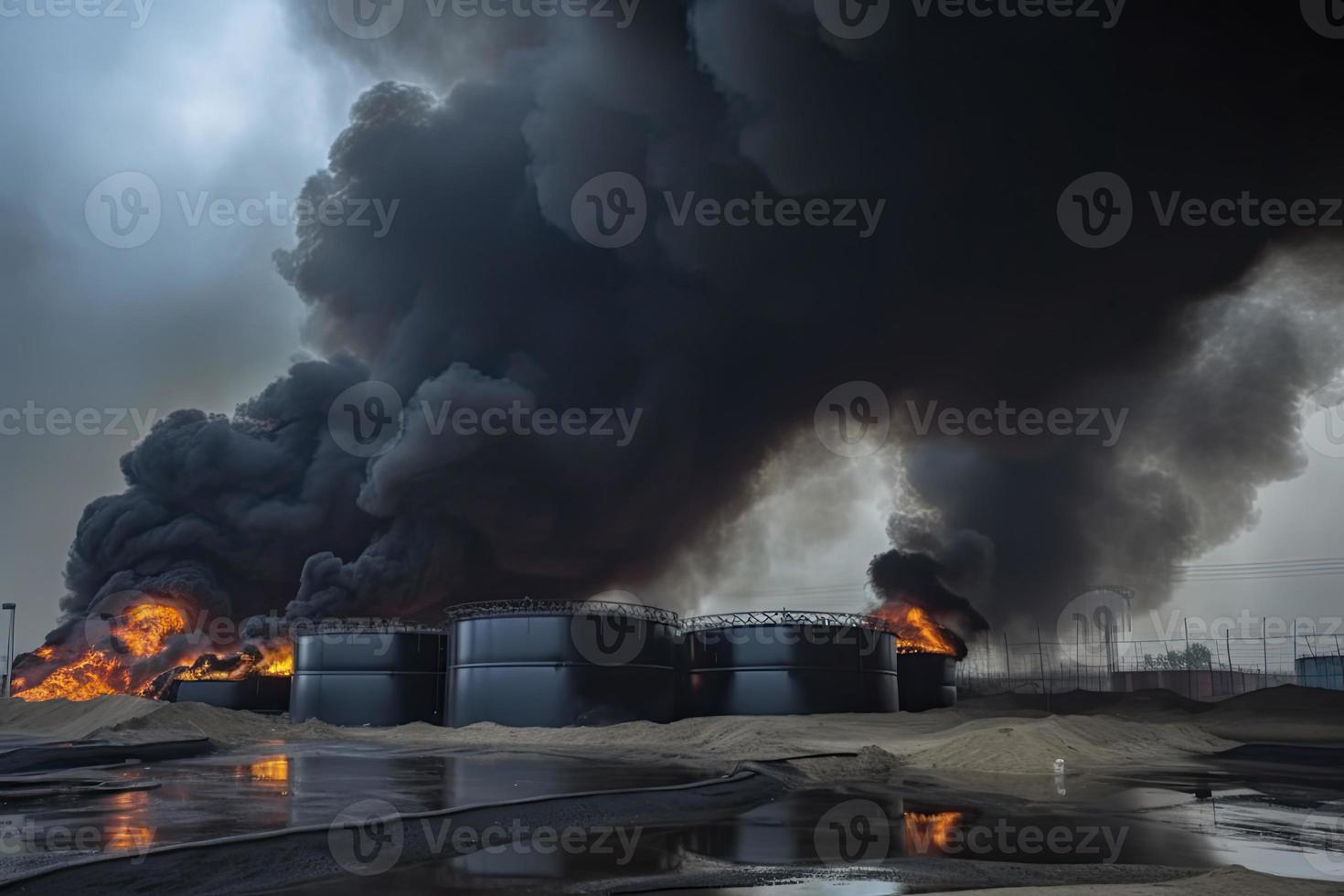 olie opslagruimte brand. de tank boerderij is brandend, zwart rook foto