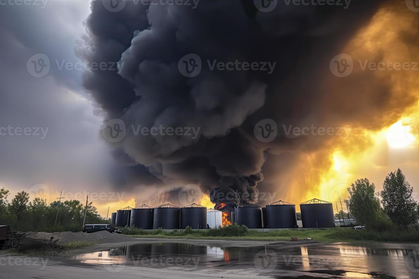 olie opslagruimte brand. de tank boerderij is brandend, zwart rook foto