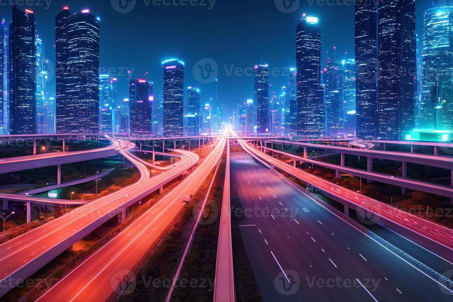 futuristische modern toekomst stad met snelweg weg Bij nacht, generatief kunst door ai foto