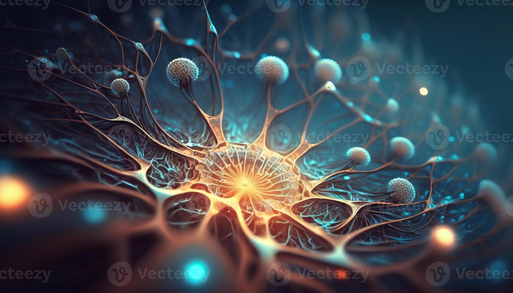 generatief ai, conceptuele illustratie van neuron cellen met gloeiend koppeling knopen in abstract donker ruimte, hoog oplossing. menselijk nerveus systeem, neurale netwerk foto