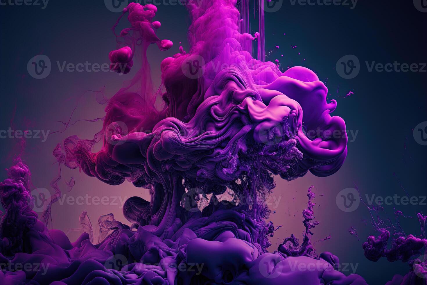 generatief ai, vloeiende vloeistof en rook met spatten in magenta en Purper kleur. helder roze vloeistof banier, 3d effect, modern macro realistisch abstract achtergrond illustratie, inkt in water effect. foto