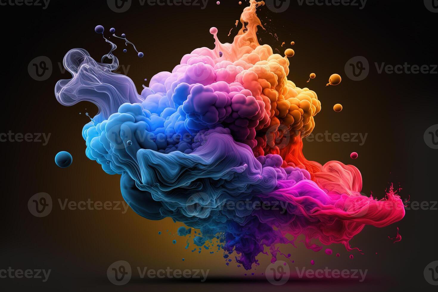 generatief ai, vloeiende kleurrijk regenboog vloeistof en rook met spatten. helder vloeistof banier, 3d effect, modern macro realistisch abstract achtergrond illustratie, inkt in water effect. foto