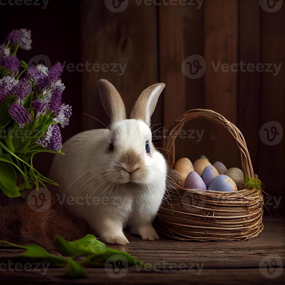 pluizig Pasen konijn met een mand van feestelijk Pasen eieren - ai gegenereerd beeld foto