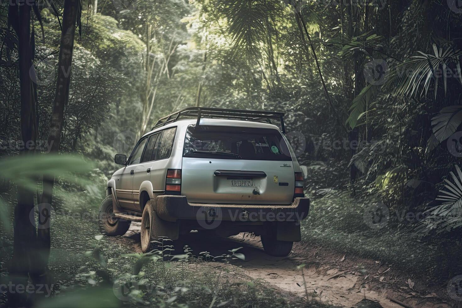 vier wiel rit suv is het rijden Aan modderig weg in oerwoud. jeep Aan safari. gemaakt met generatief ai foto