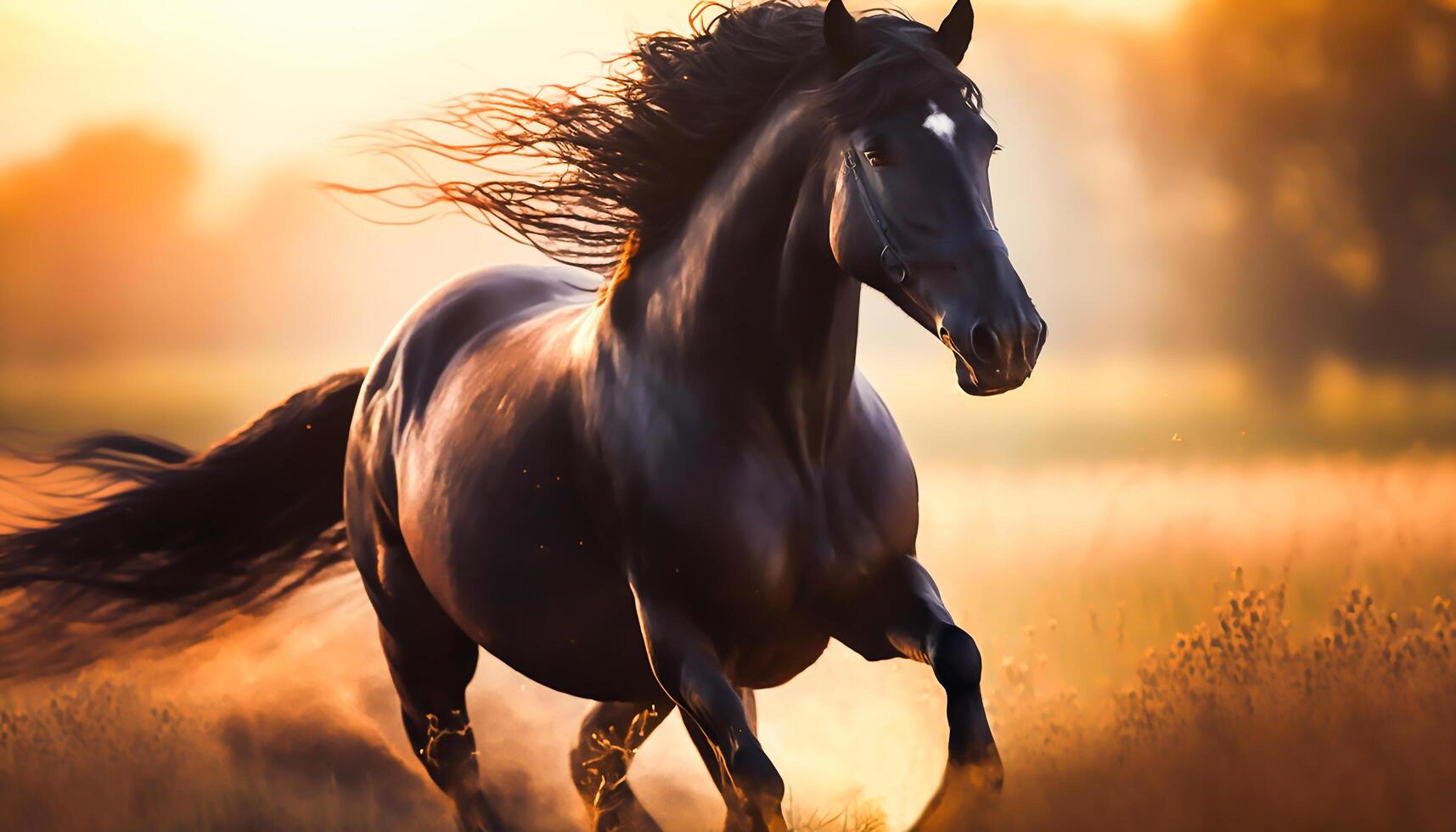 zwart paard rennen in een veld- in goud zonsondergang, ai generatief foto