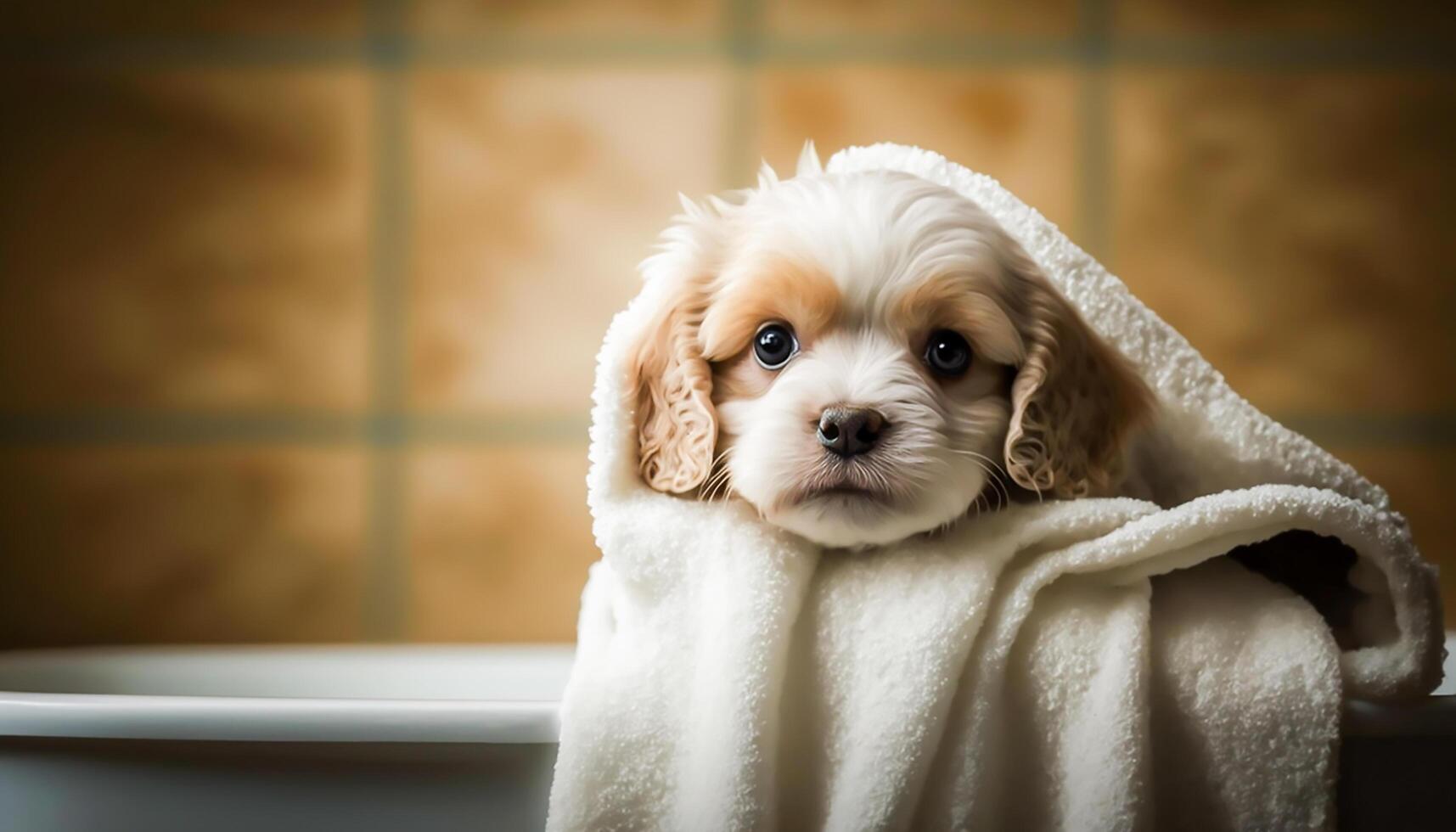 puppy ontspannende spa houdende in bad in badkamer, schattig hond nemen een bad, generatief ai foto