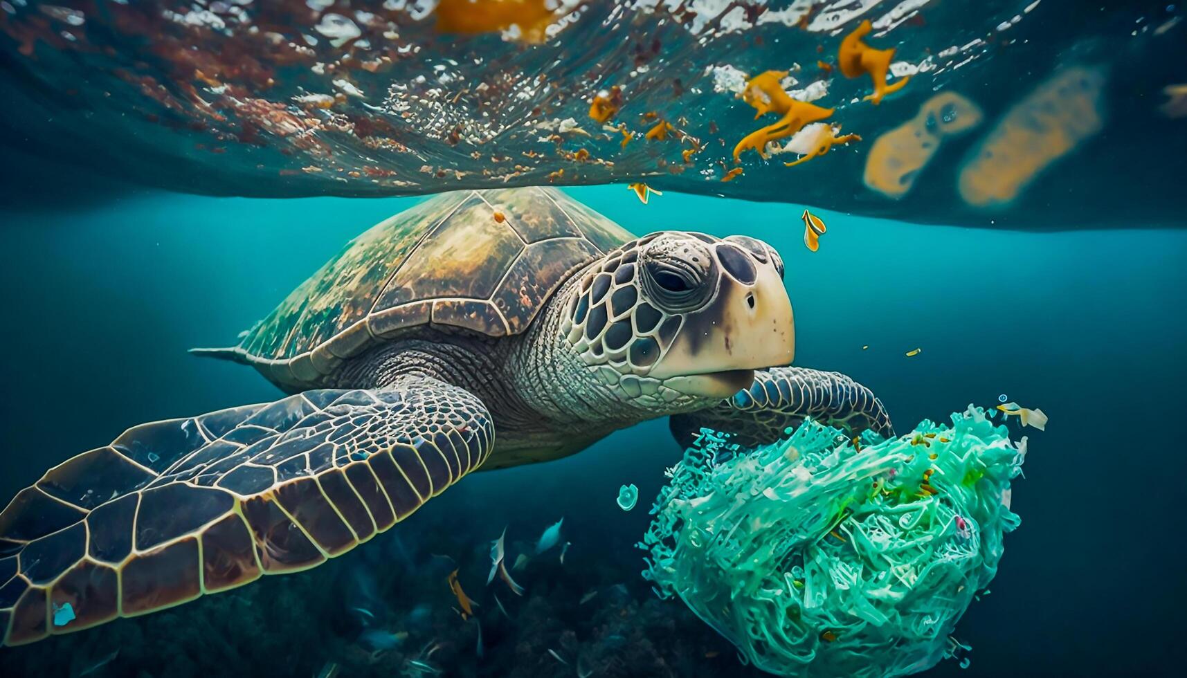 zee schildpad zwemmen over- plastic afval in zee, generatief ai foto