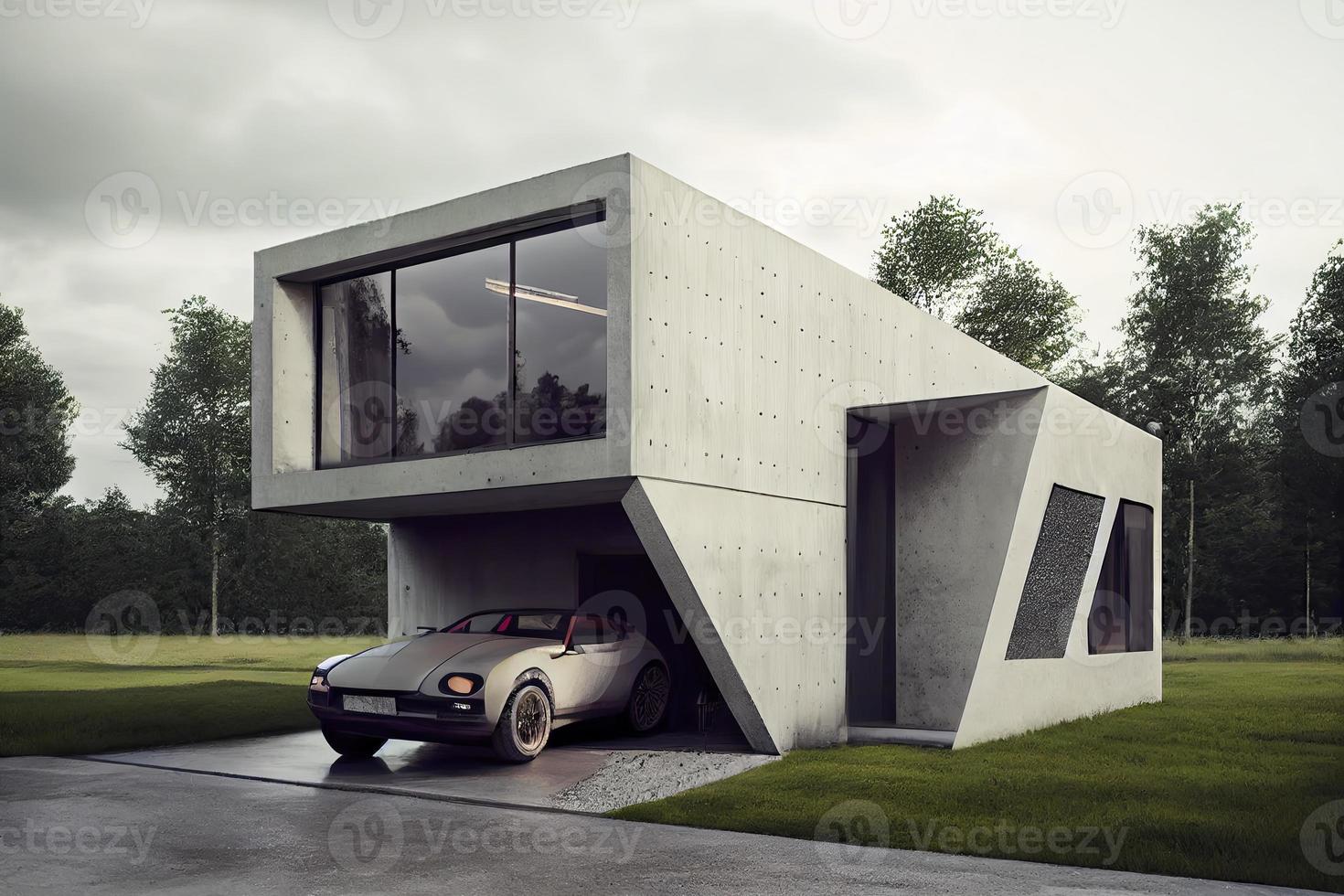 concept van een huis energie opslagruimte systeem gebaseerd Aan een lithium ion accu pak gelegen in een modern garage met visie Aan een enorm landschap foto