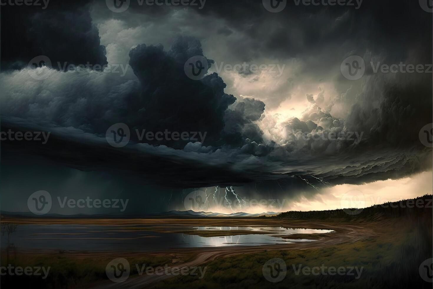 ai gegenereerd abstract achtergrond van onweersbui rollend in over- een donker. foto