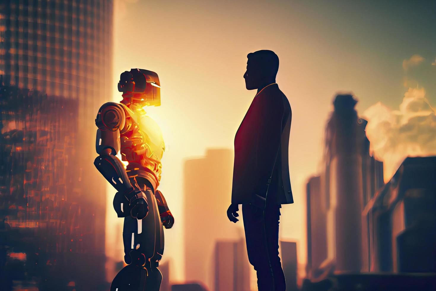 robot technologie helpt industrie 4.0 kunstmatig intelligentie- neiging concept zakenman silhouet pratend naar consultant robo automatisering foto