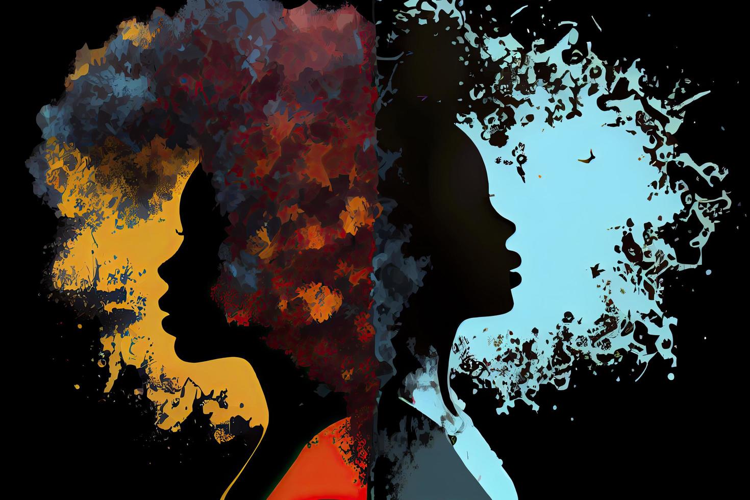 zwart geschiedenis maand voor modern keer illustratie met verf kleur zwart Dames met afro haar- silhouet foto