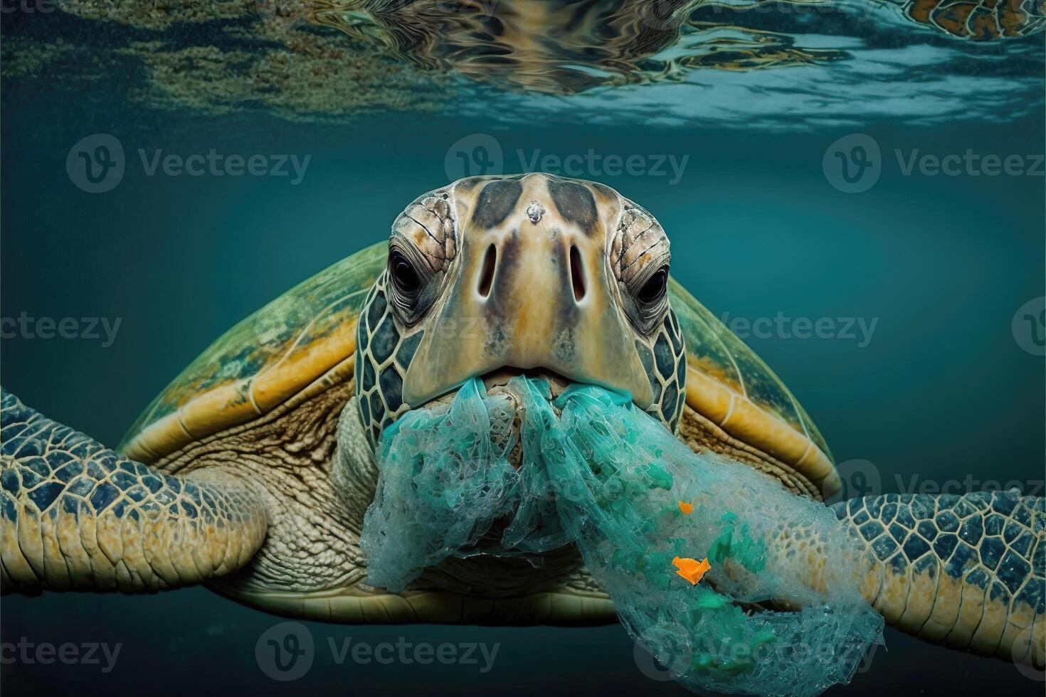 zee schildpad eten plastic onder de zee. ai gegenereerd foto