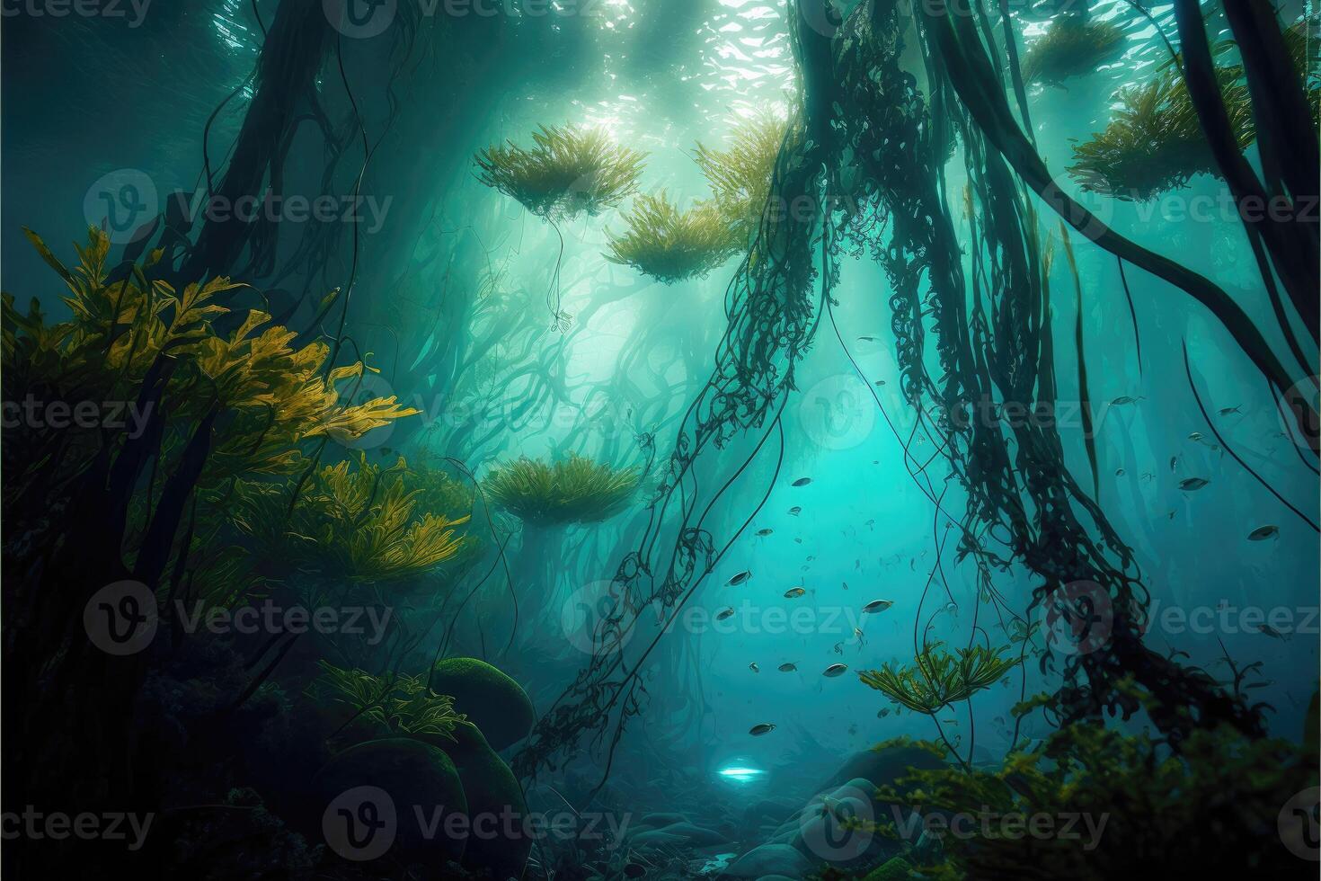 ai gegenereerd ontdekken de onderwater- oerwoud. een duiken in een kelp Woud. foto