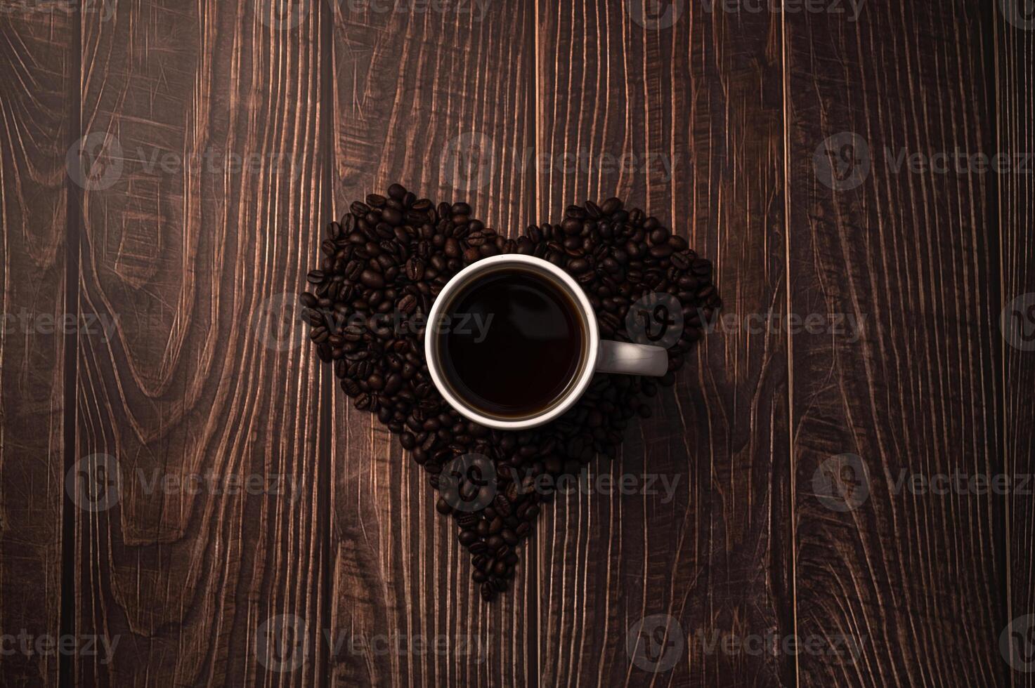 koffiebonen gerangschikt in een hartvorm, hou van koffie drinken concept foto