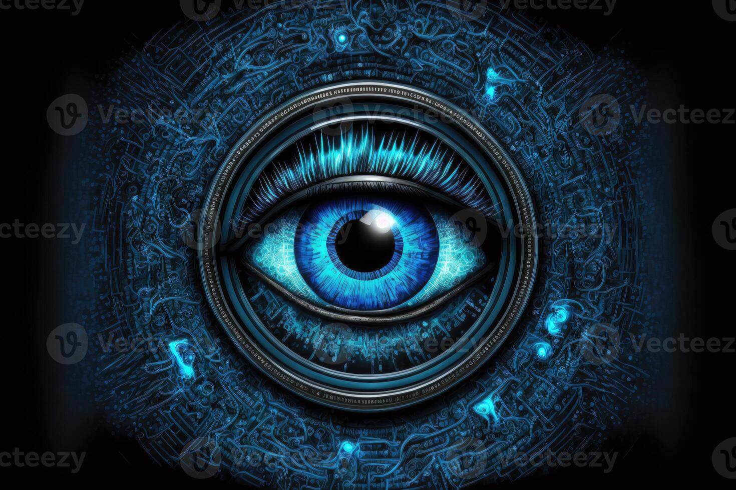 ai gegenereerd oog Matrix cyber technologie blauw achtergrond. foto