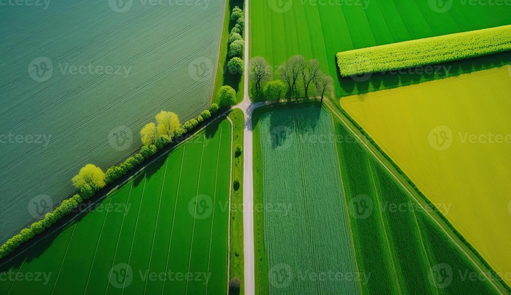 generatief ai, boerderij landschap, agrarisch velden, mooi platteland, land weg. natuur illustratie, fotorealistisch top visie drone, horizontaal spandoek. foto