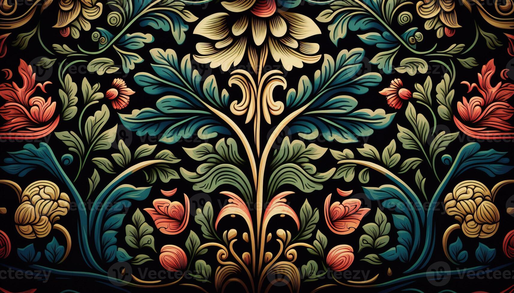 generatief ai, bloemen kleurrijk patroon. William morris geïnspireerd natuurlijk planten en bloemen achtergrond, wijnoogst illustratie. gebladerte ornament. foto