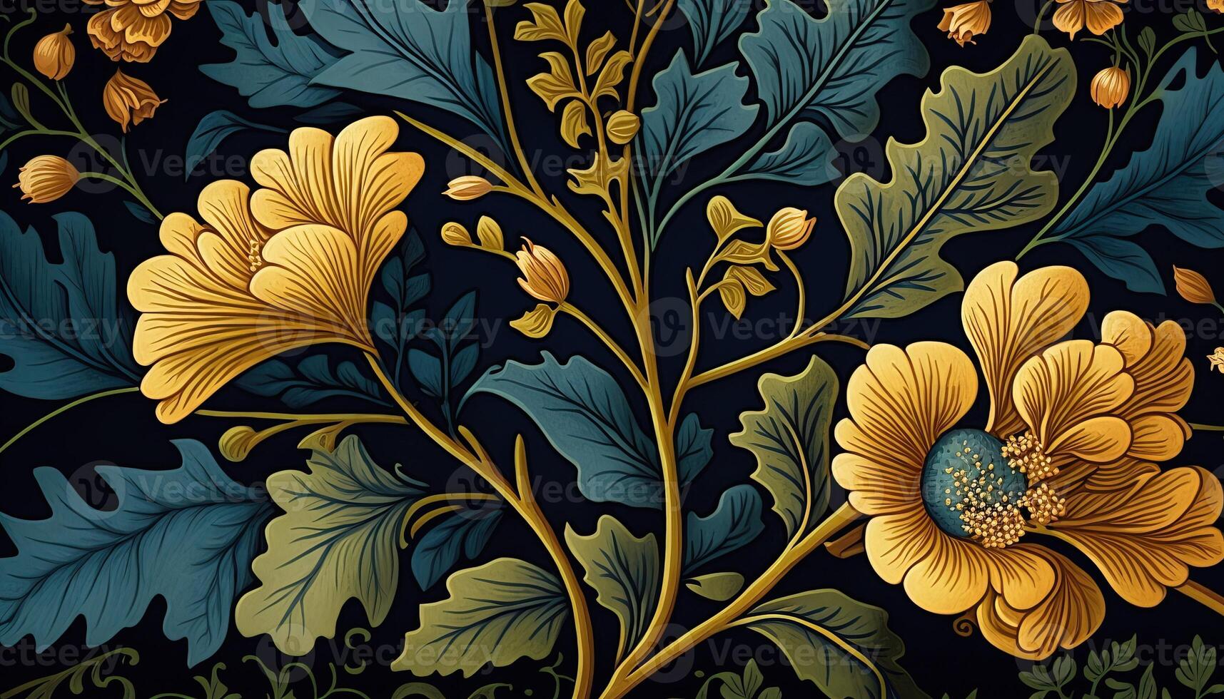 generatief ai, bloemen geel, blauw, groen kleuren patroon. William morris geïnspireerd natuurlijk planten en bloemen achtergrond, wijnoogst illustratie. gebladerte ornament. foto