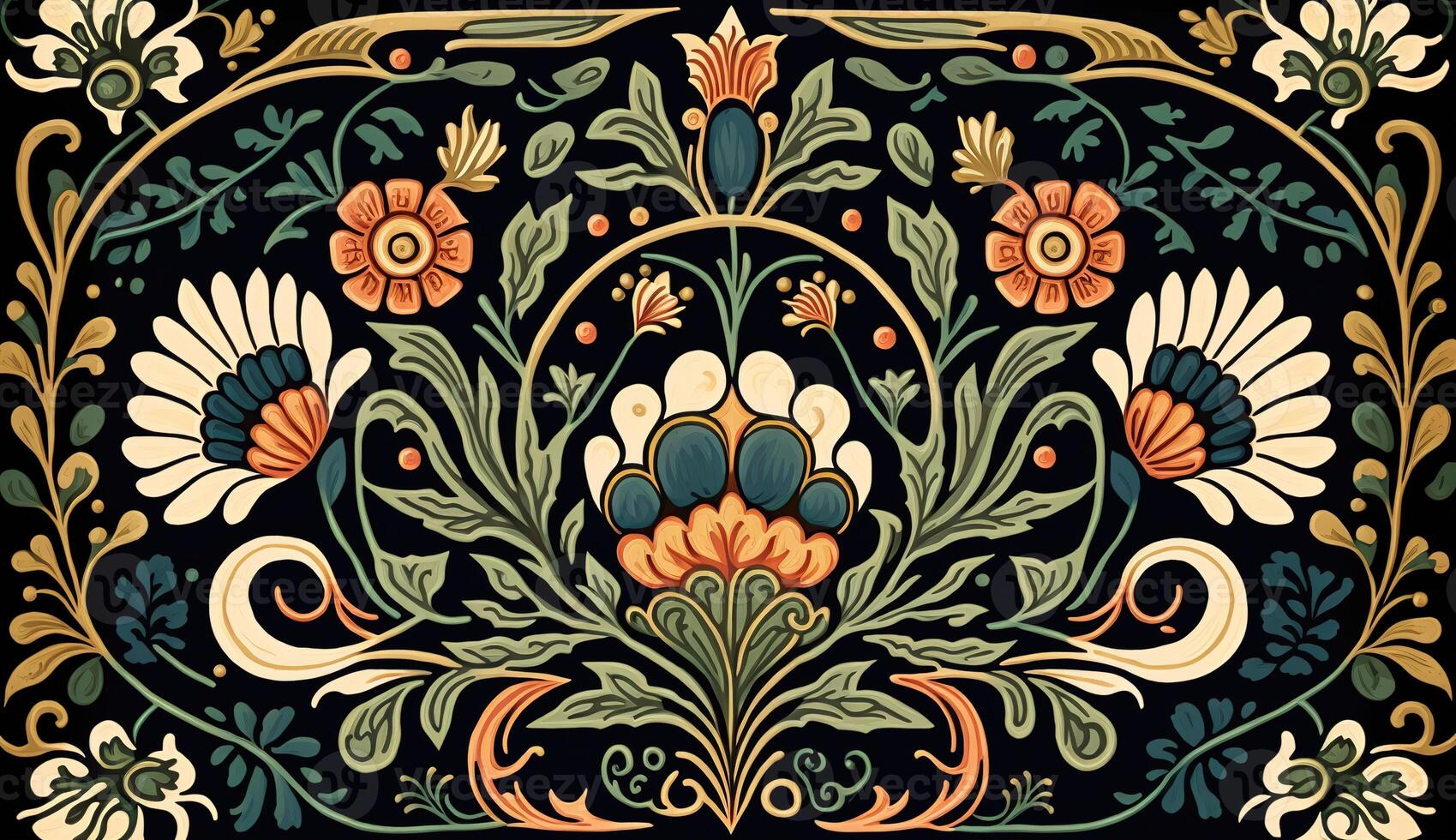 generatief ai, bloemen kleurrijk patroon. William morris geïnspireerd natuurlijk planten en bloemen achtergrond, wijnoogst illustratie. volk stijl foto