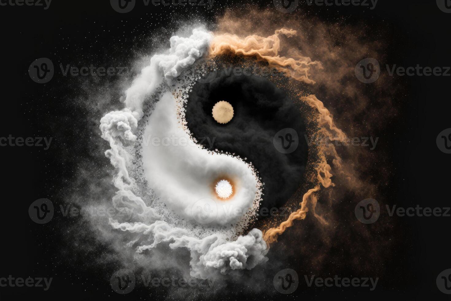 ai gegenereerd yin yang symbool met drijvend explosie poeder abstract achtergrond. foto