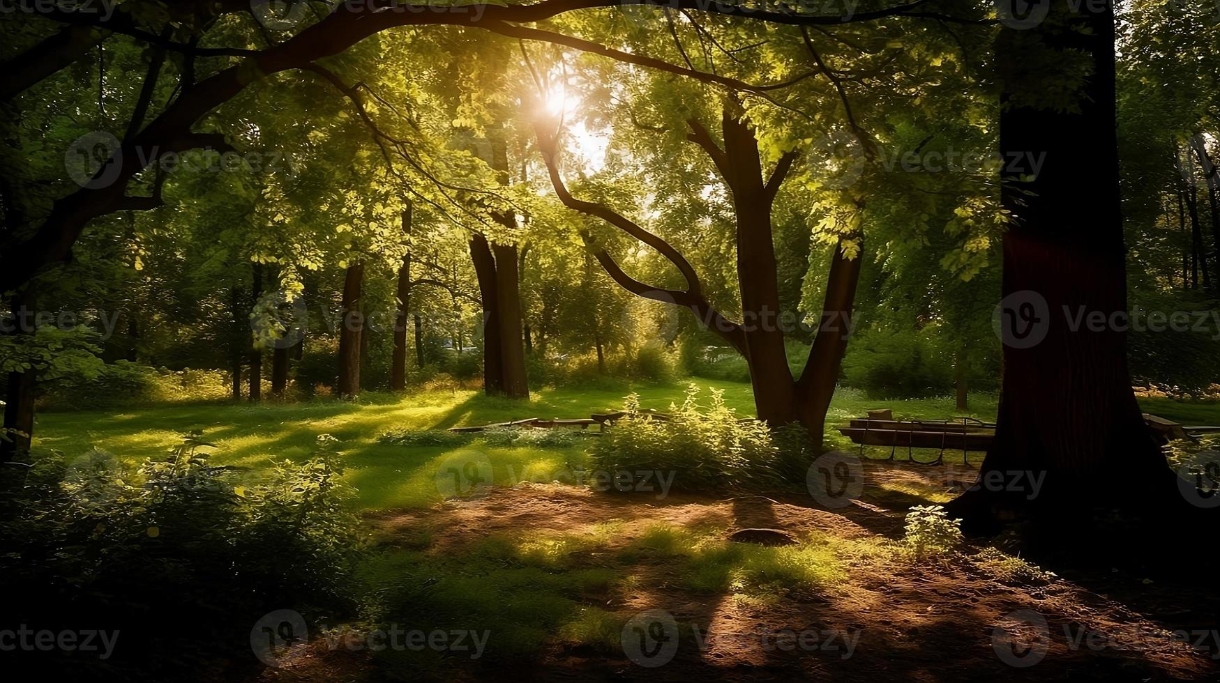 zomer bomen en bladeren in de stralen van de zon, zomer, zomer park, generatief ai, foto