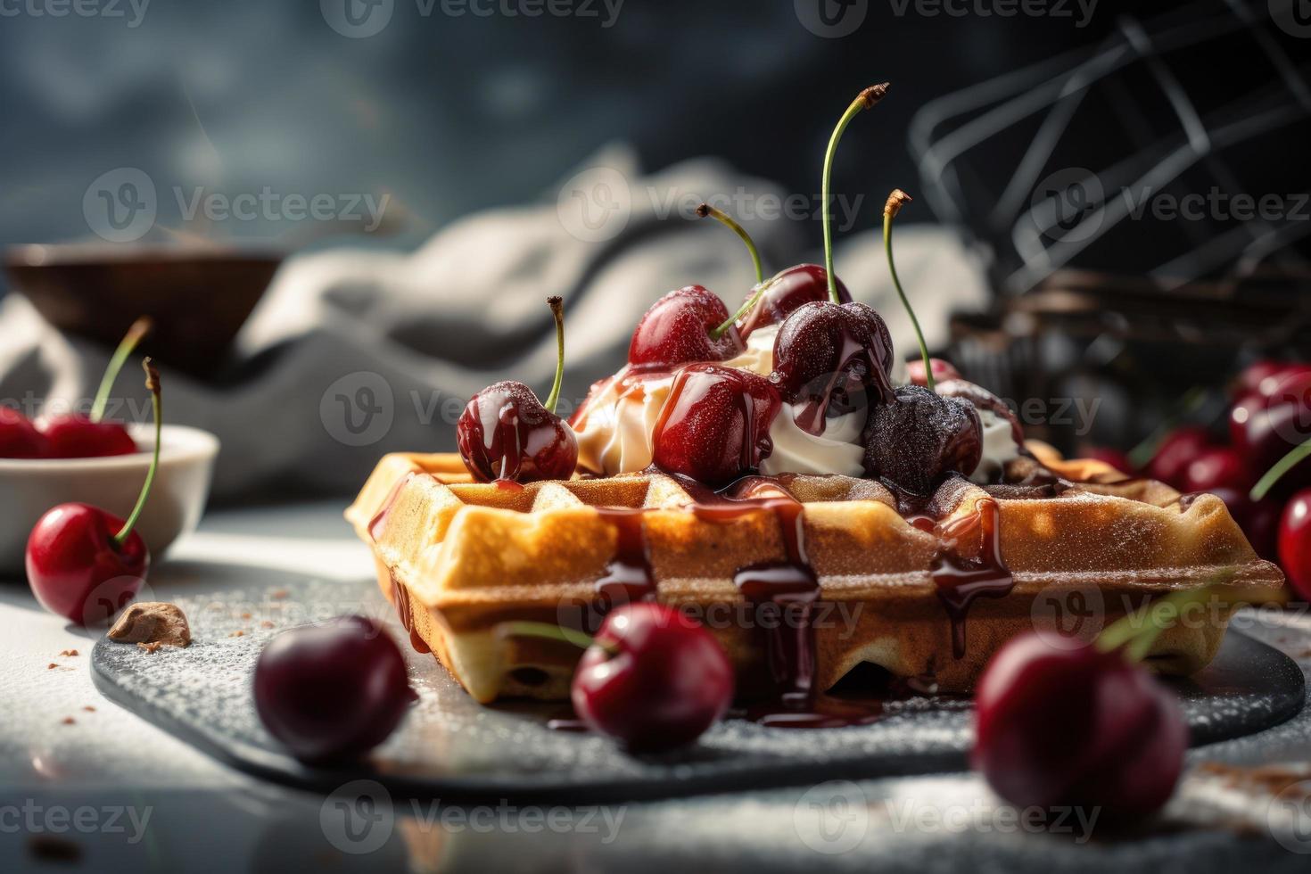 Gesloten omhoog van aardbei taart en wafel met fruit nordic stijl foto