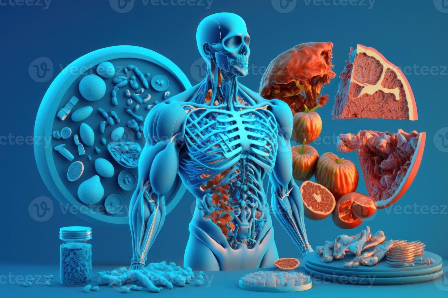 fruit vormen een menselijk lichaam metabolisme en voeding, aan het eten eetpatroon voedsel voor energie en spijsvertering. generatief ai foto