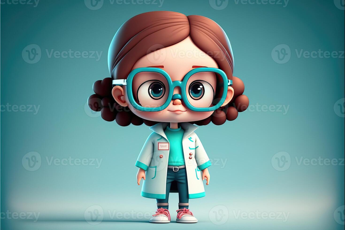 ai gegenereerd schattig jong meisje dokter staand Aan blauw achtergrond. 3d tekenfilm stijl. foto
