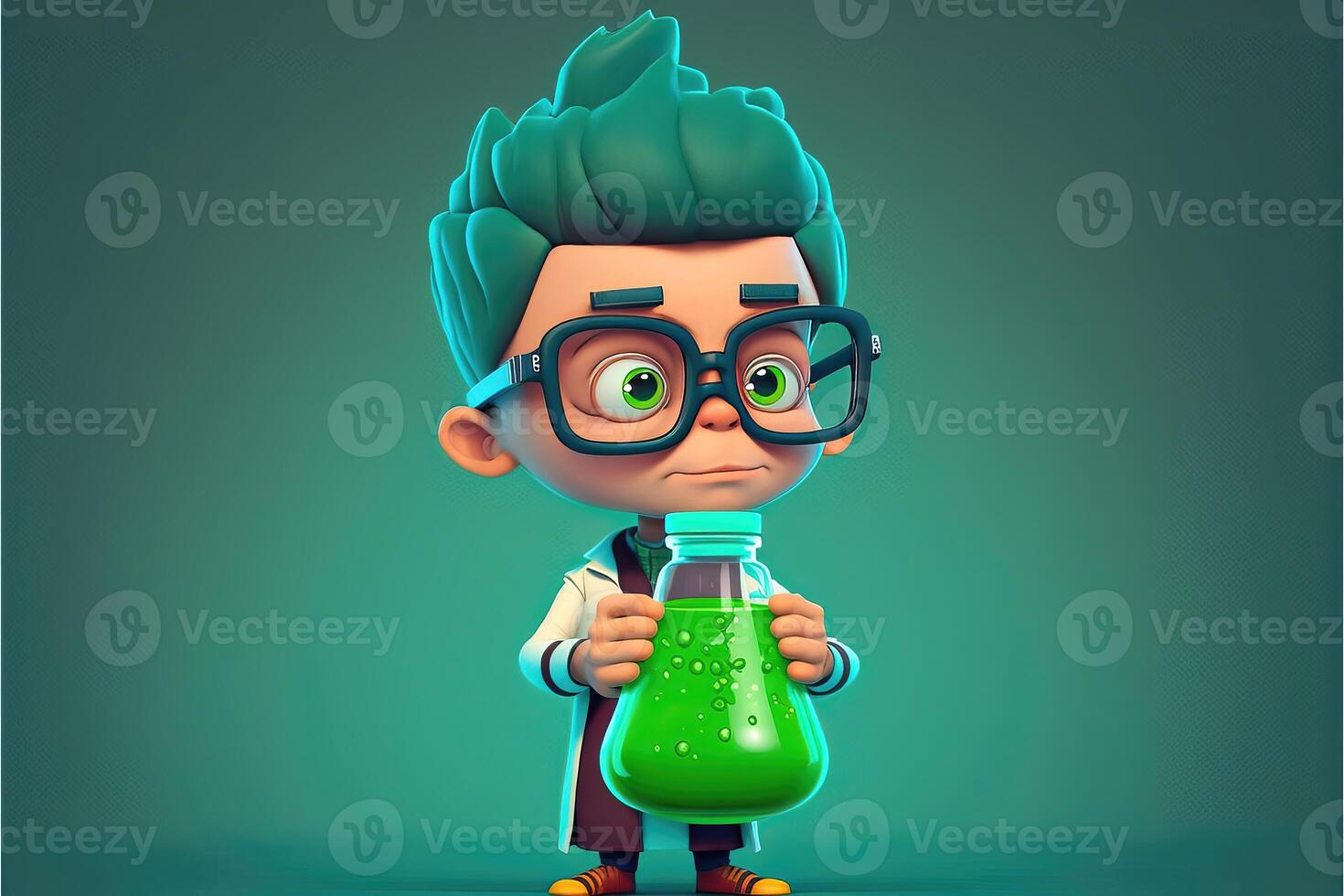 ai gegenereerd schattig jong jongen wetenschapper Holding een laboratorium fles Aan groen achtergrond. 3d tekenfilm stijl. foto