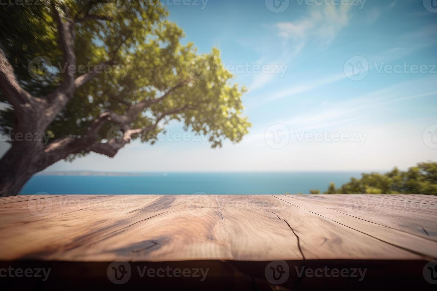 leeg houten tafel Aan zee achtergrond, bureau van vrij ruimte voor Product Scherm. gemaakt generatief ai foto