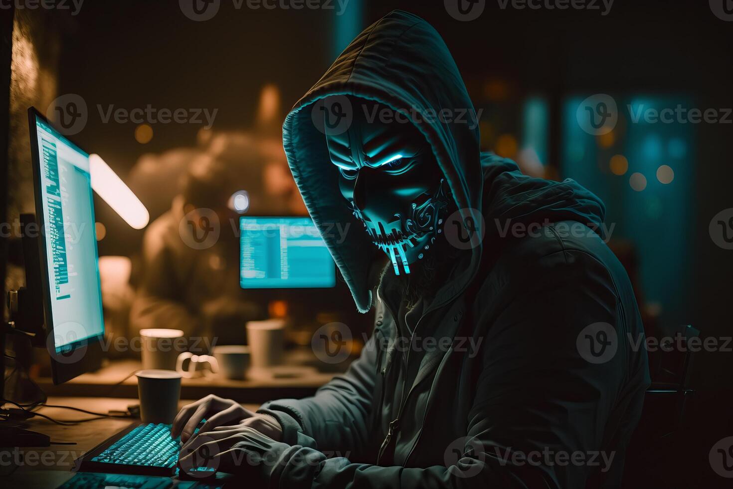 met een kap hacker met masker gebruik makend van laptop breken of aanval in gegevens server. hacken, codering of malware concept. generatief ai foto