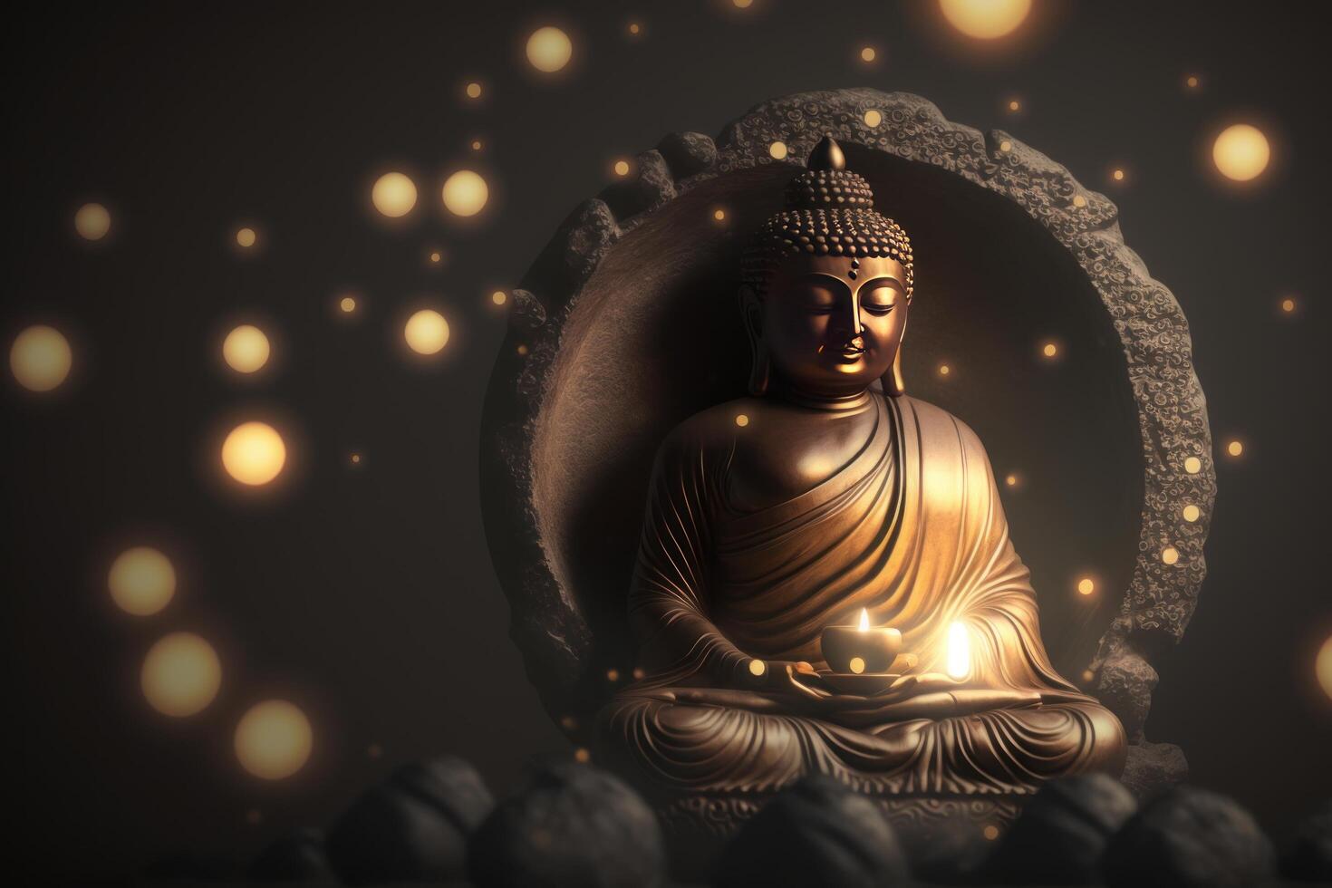 Boeddha standbeeld met kaars licht, Boeddha purnima vesak dag achtergrond. generatief ai foto