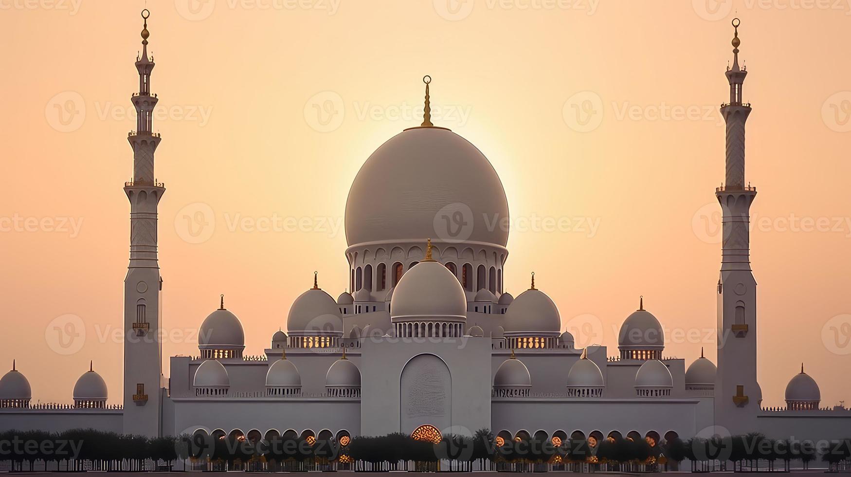 abu dhabi, vae, sjeik zayed groots moskee in de abu dhabi, Verenigde Arabisch emiraten Aan een zonsondergang visie achtergrond. foto