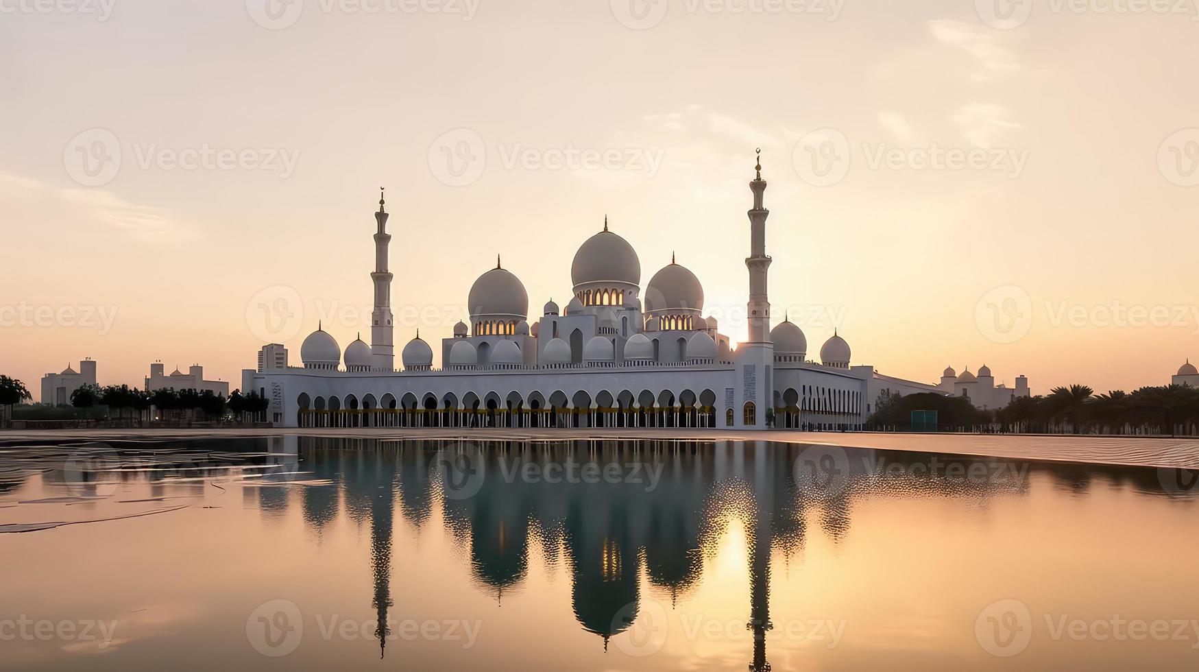 abu dhabi, vae, sjeik zayed groots moskee in de abu dhabi, Verenigde Arabisch emiraten Aan een zonsondergang visie achtergrond. foto