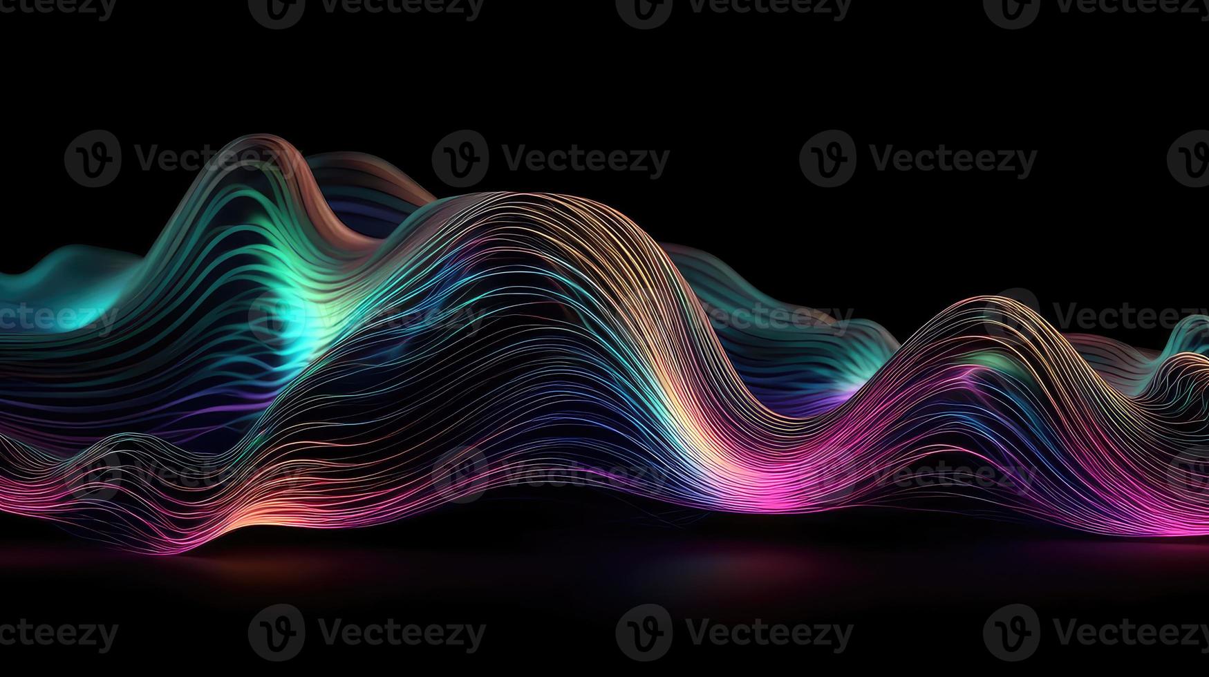 abstract vloeistof 3d geven holografische iriserend neon gebogen Golf in beweging donker achtergrond. foto