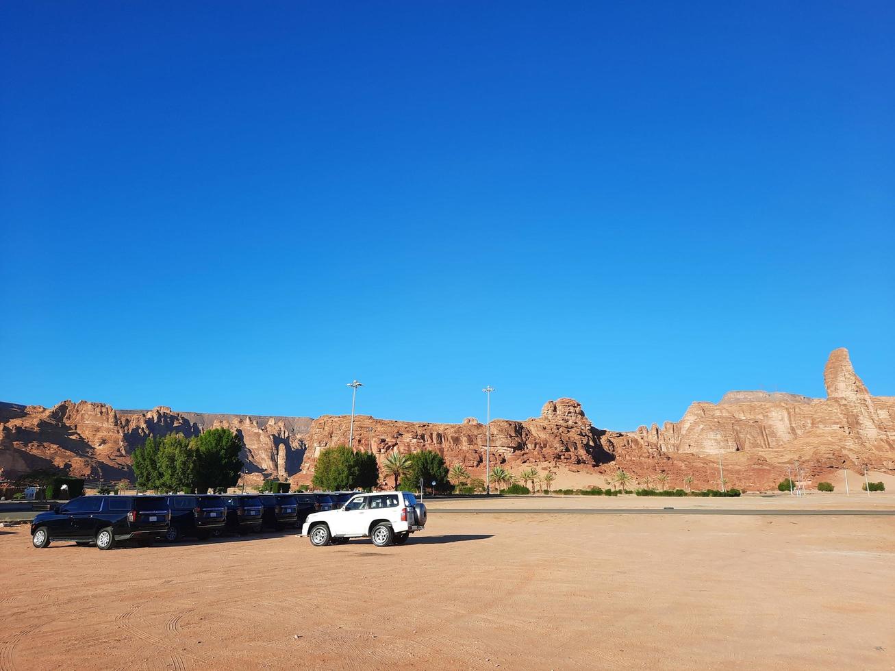 al ula, saudi Arabië, maart 2023 - jeeps zijn geparkeerd Bij verschillend plaatsen in de woestijn naar nemen toeristen naar verschillend plaatsen gedurende de dag in al ula, saudi Arabië. foto