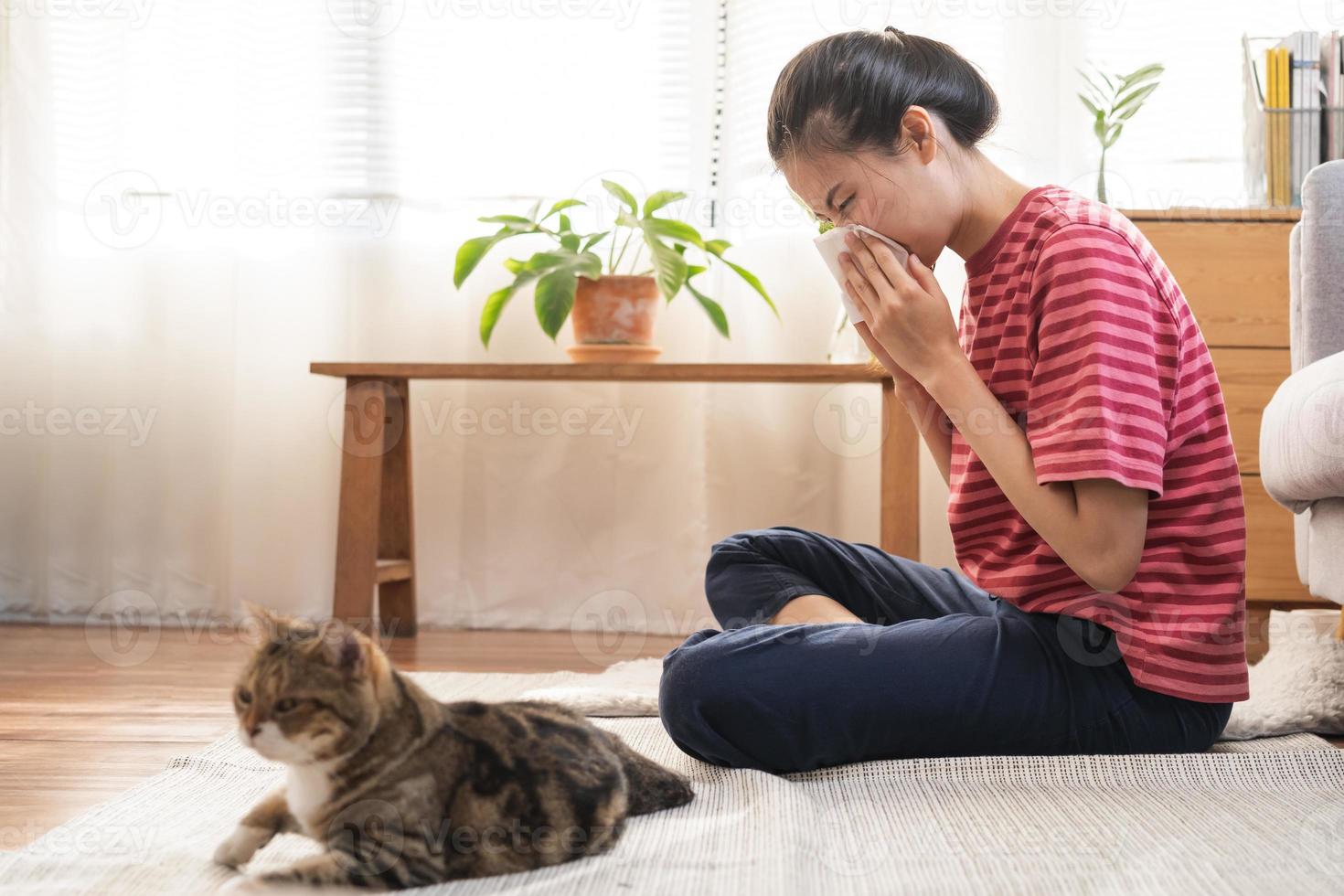 Aziatisch jong vrouw, meisje hand- in niezen van vacht allergie terwijl spelen met haar lief kat, huisdier Aan tapijt in leven kamer Bij huis, appartement. Gezondheid zorg rhinitis ziekten allergisch naar dier haar. foto