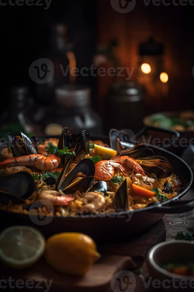 traditioneel Spaans paella met zeevruchten en kip foto