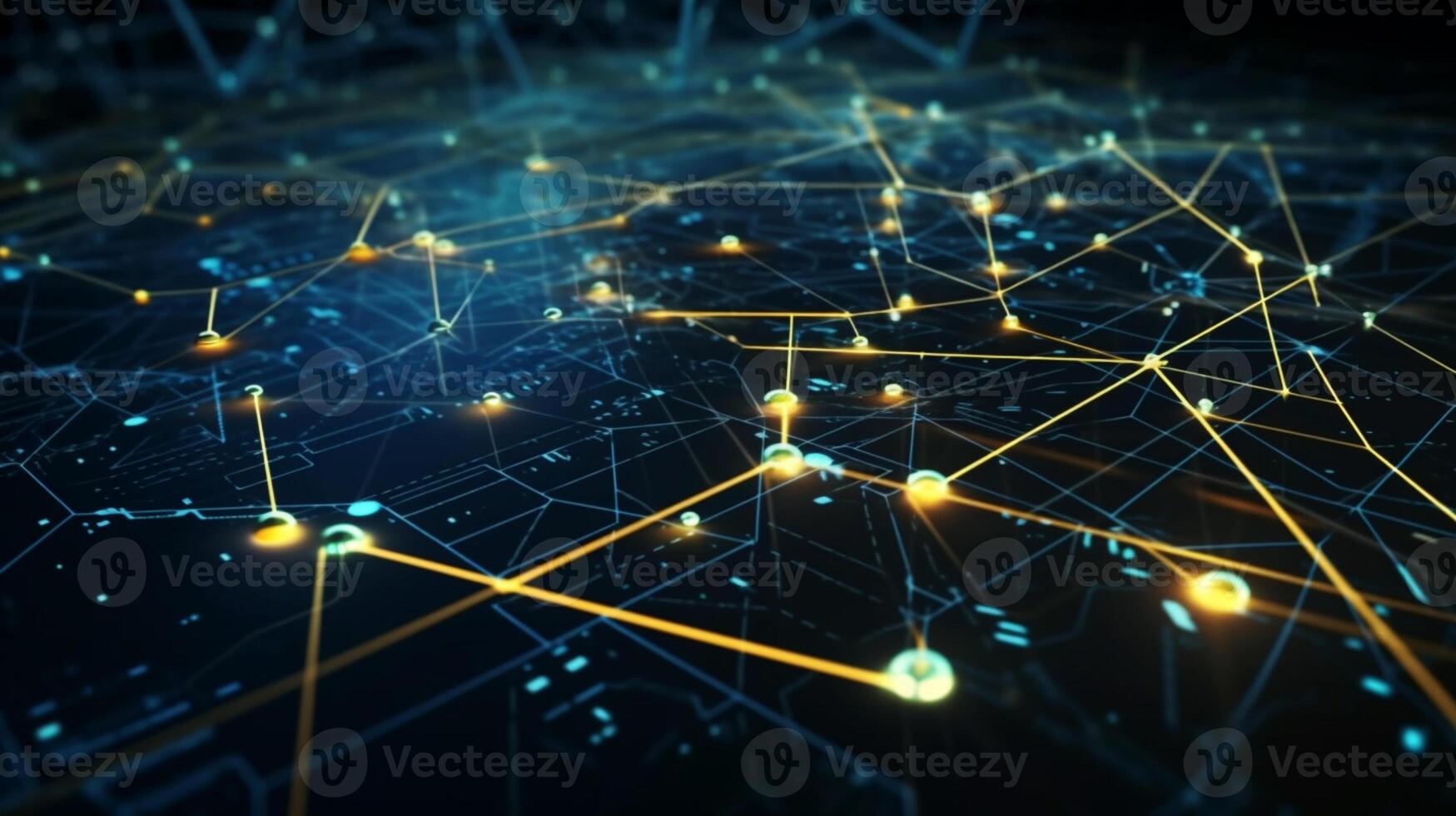 technologie achtergrond ui, handel lijnen, blauw en geel, netwerk met Verbinden dots veelhoeken ai gegenereerd foto