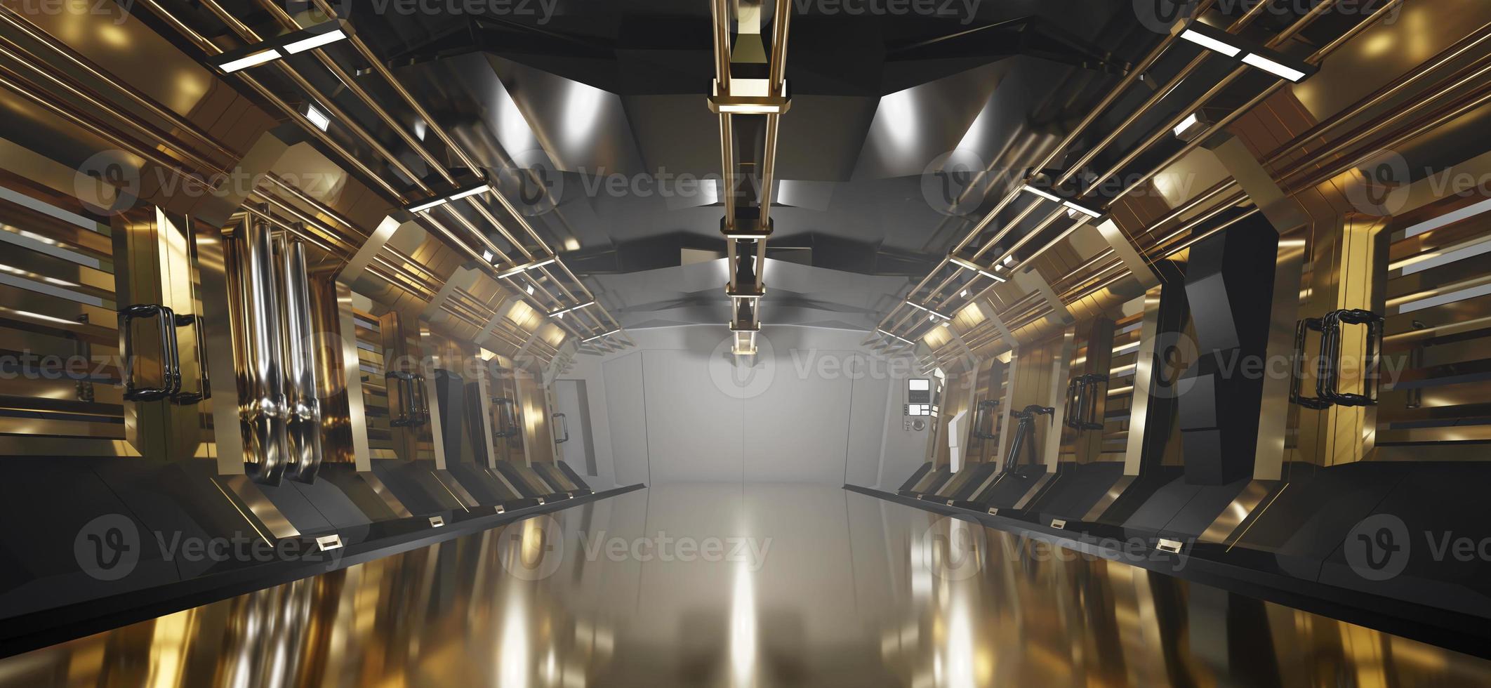 sci-fi goud metalen gang achtergrond met vleklicht, 3D-rendering foto