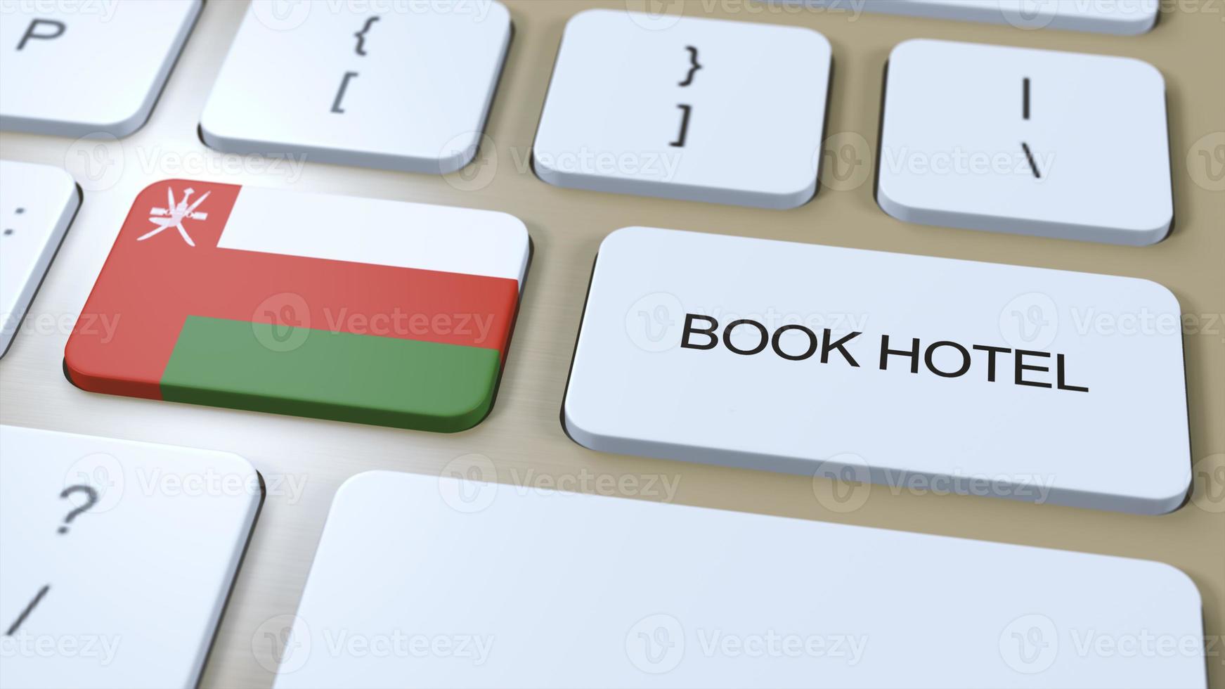 boek hotel in Oman met website online. knop Aan computer toetsenbord. reizen concept 3d animatie. boek hotel tekst en nationaal vlag. 3d illustratie foto