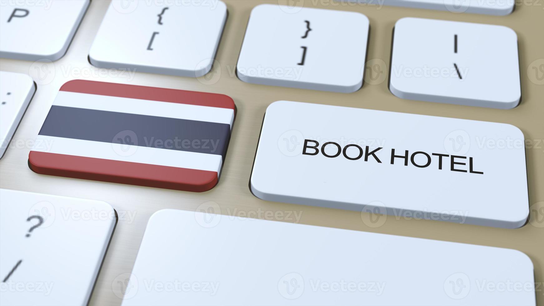 boek hotel in Thailand met website online. knop Aan computer toetsenbord. reizen concept 3d animatie. boek hotel tekst en nationaal vlag. 3d illustratie foto