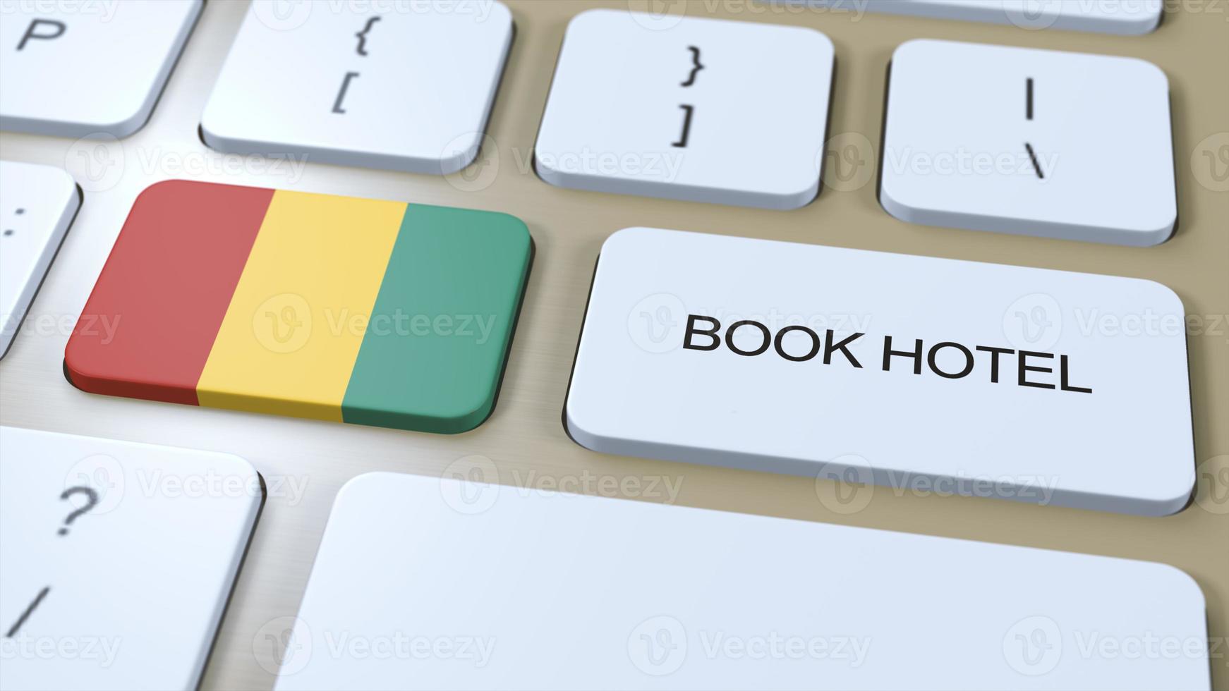 boek hotel in Guinea met website online. knop Aan computer toetsenbord. reizen concept 3d animatie. boek hotel tekst en nationaal vlag. 3d illustratie foto