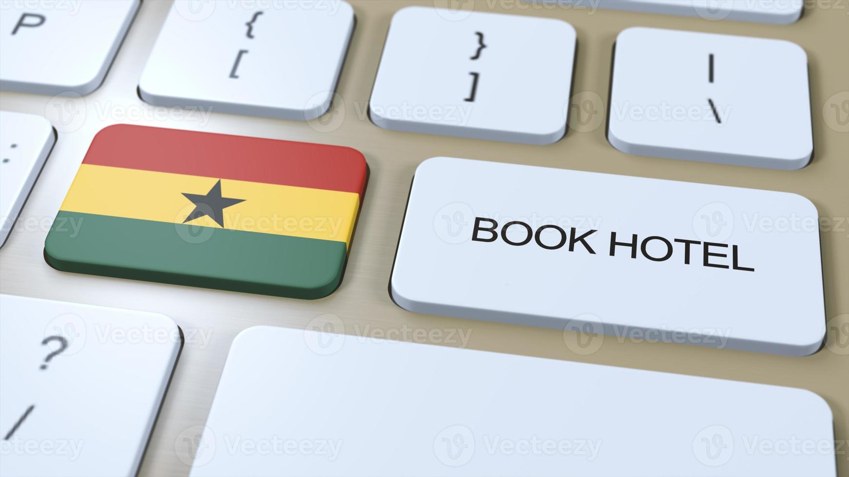 boek hotel in Ghana met website online. knop Aan computer toetsenbord. reizen concept 3d animatie. boek hotel tekst en nationaal vlag. 3d illustratie foto