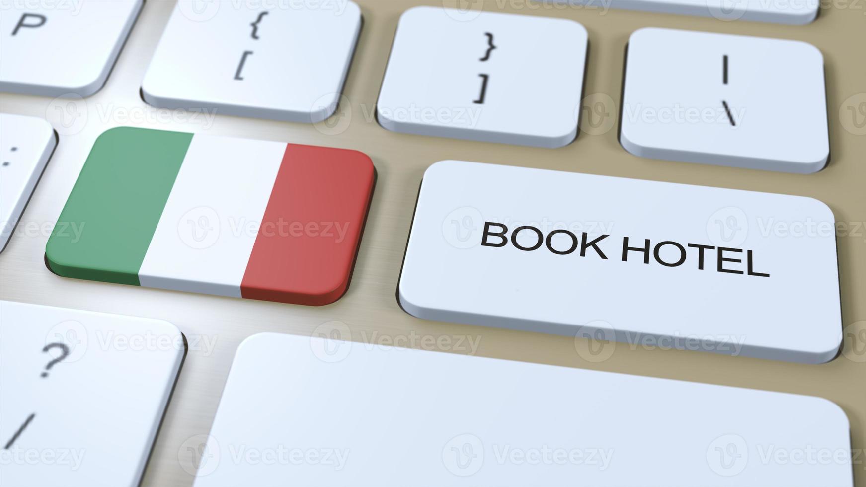 boek hotel in Italië met website online. knop Aan computer toetsenbord. reizen concept 3d animatie. boek hotel tekst en nationaal vlag. 3d illustratie foto