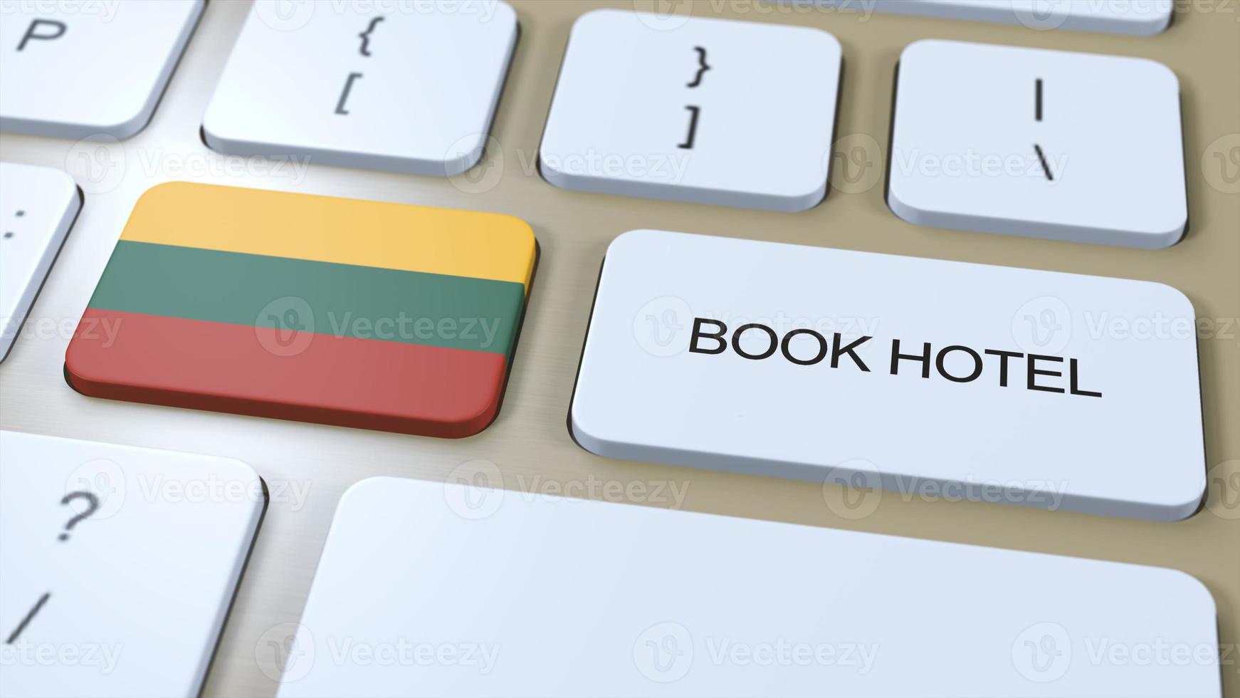 boek hotel in Litouwen met website online. knop Aan computer toetsenbord. reizen concept 3d animatie. boek hotel tekst en nationaal vlag. 3d illustratie foto