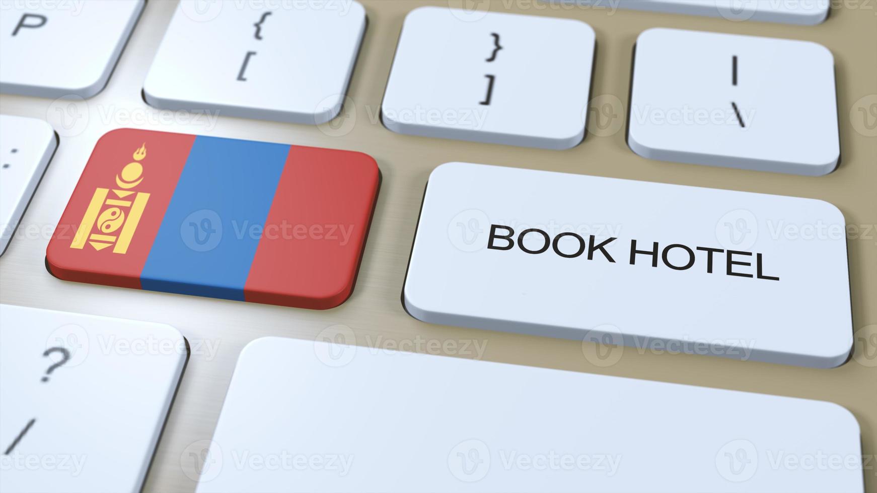 boek hotel in Mongolië met website online. knop Aan computer toetsenbord. reizen concept 3d animatie. boek hotel tekst en nationaal vlag. 3d illustratie foto