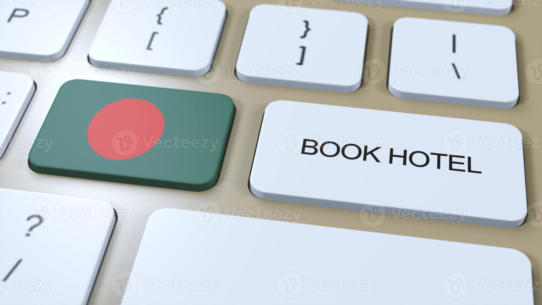 boek hotel in Bangladesh met website online. knop Aan computer toetsenbord. reizen concept 3d animatie. boek hotel tekst en nationaal vlag. 3d illustratie foto