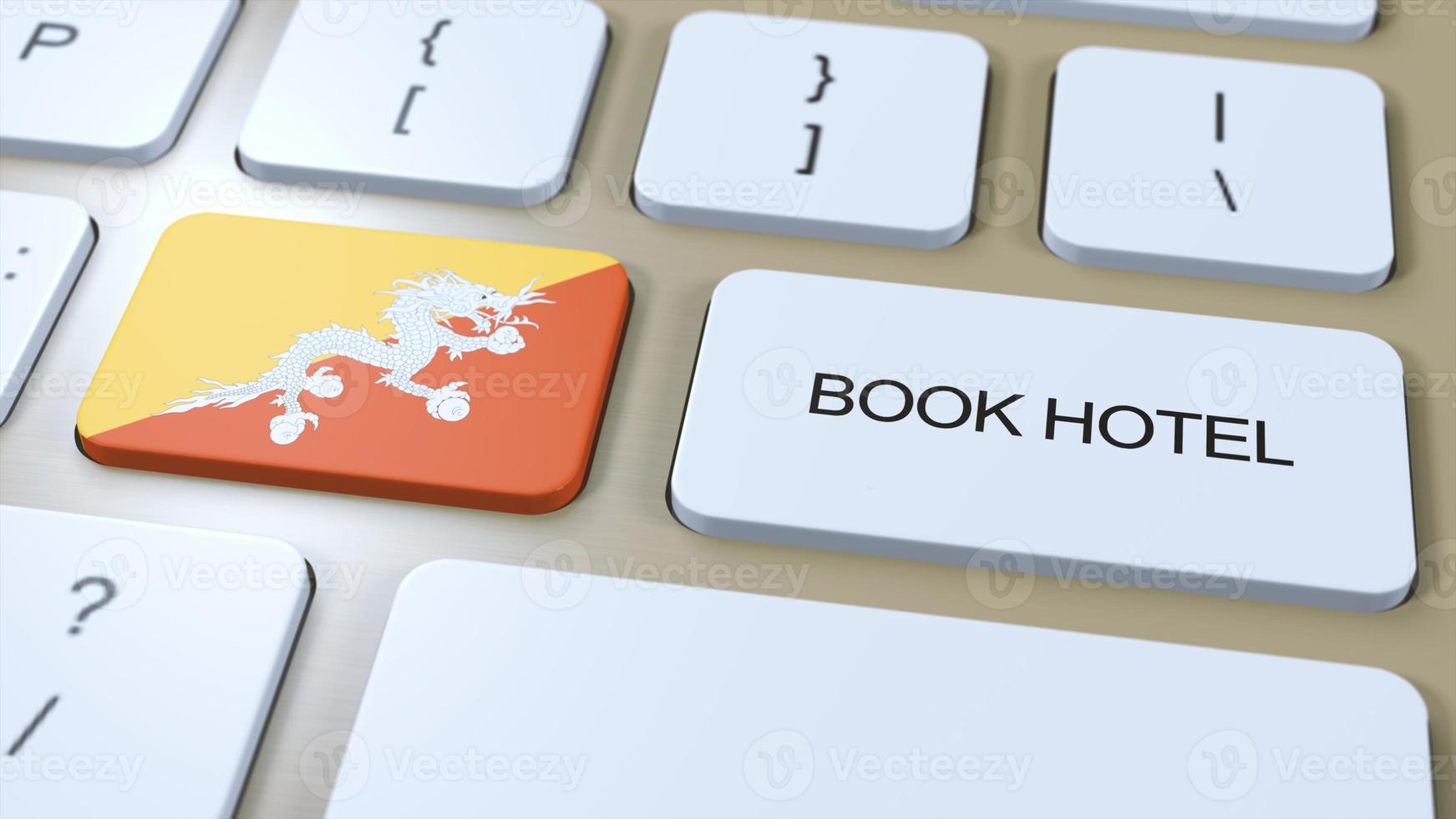 boek hotel in Bhutan met website online. knop Aan computer toetsenbord. reizen concept 3d animatie. boek hotel tekst en nationaal vlag. 3d illustratie foto