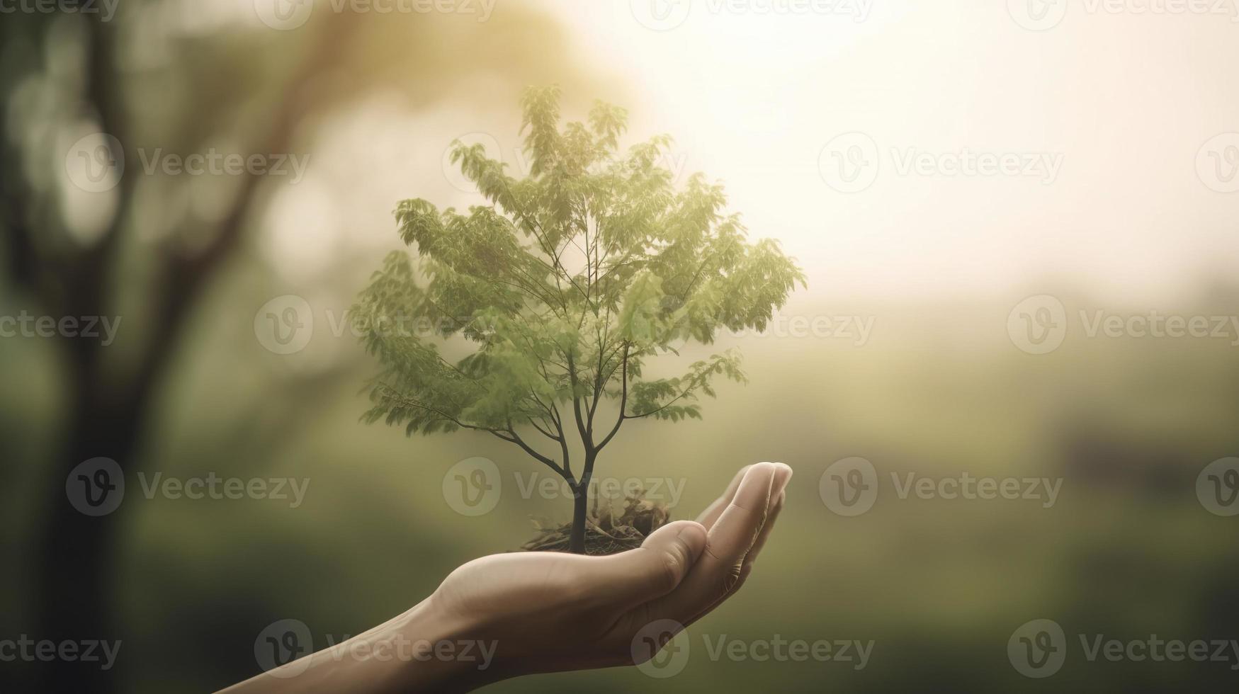 artistiek handen omhelzing van de natuur schoonheid Holding boom over- wazig achtergrond foto